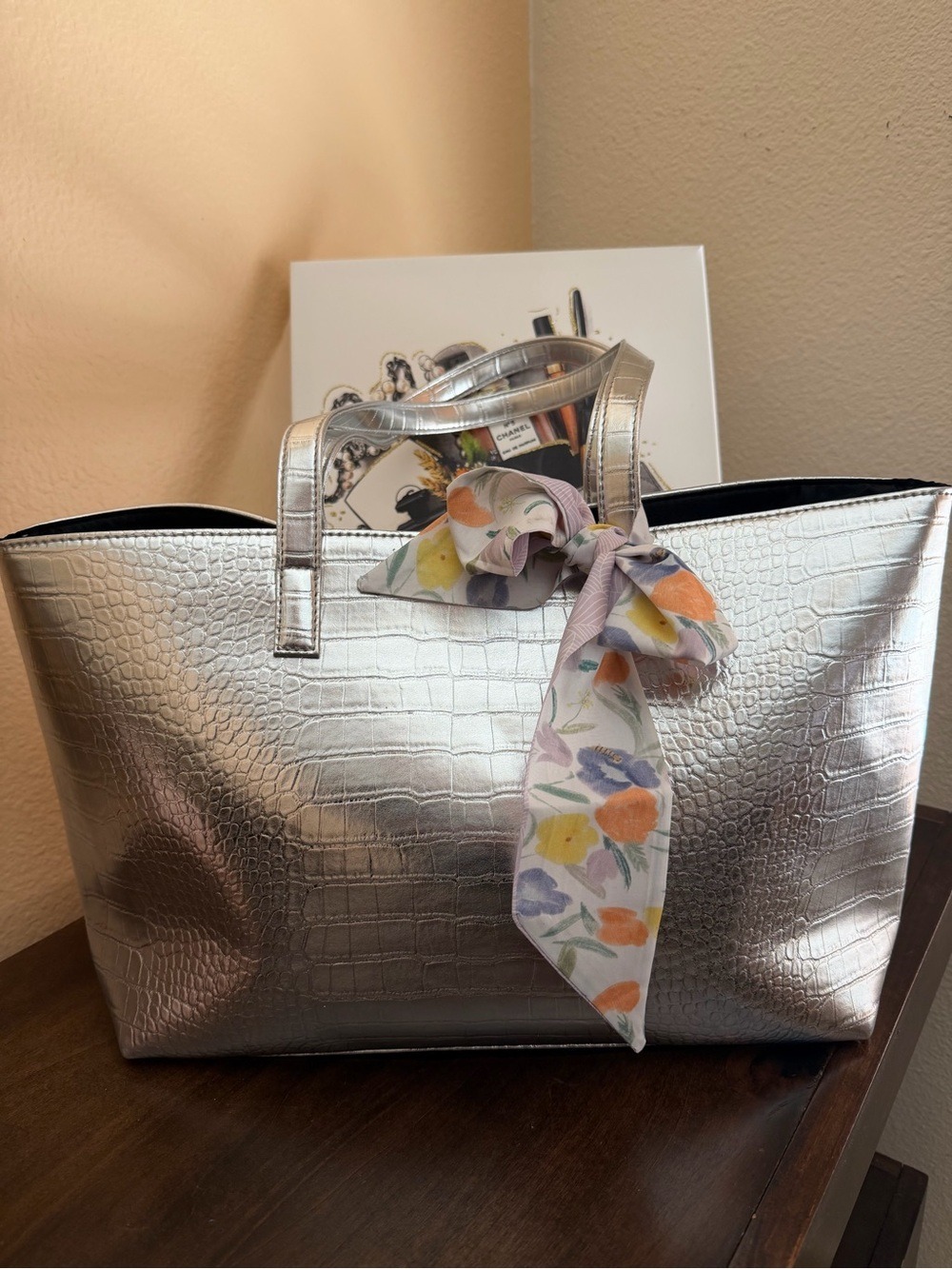 Ipsy Metallic Silver Croc-Embossed Tote Bag with Floral Scarf